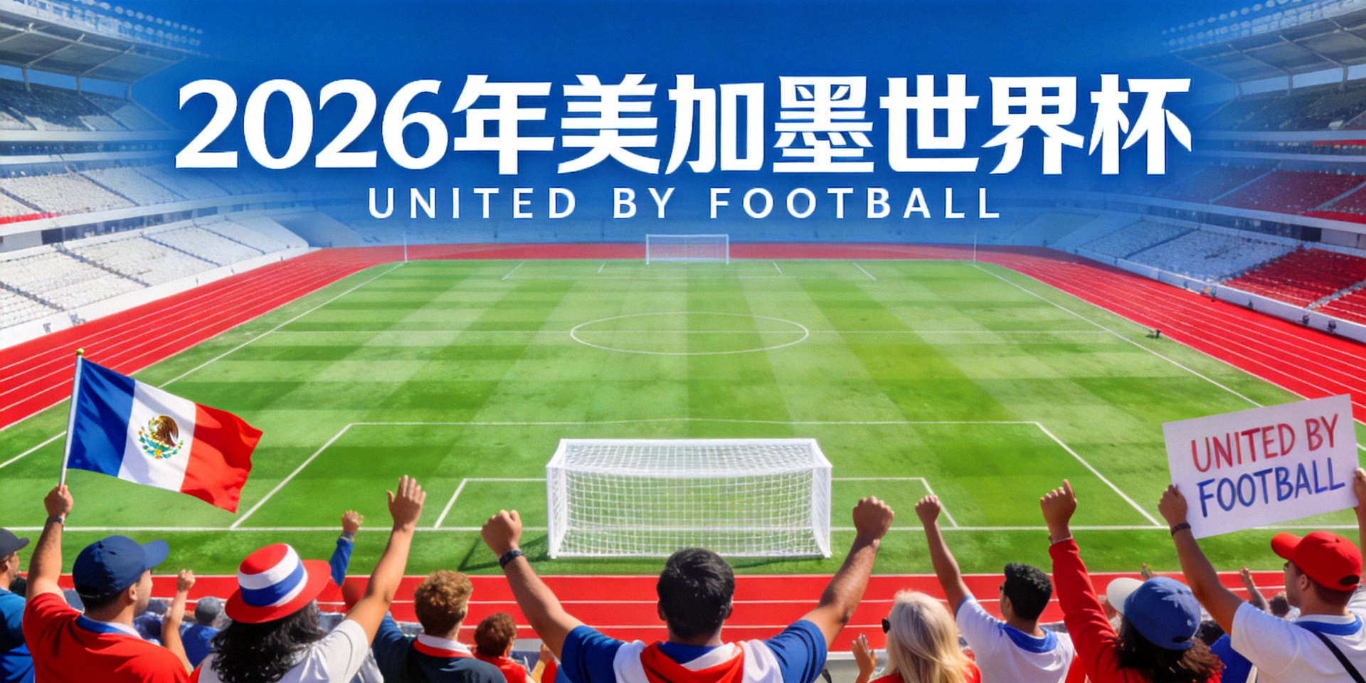 2026年美加墨世界杯主题横幅 - 足球场全景与欢呼球迷
